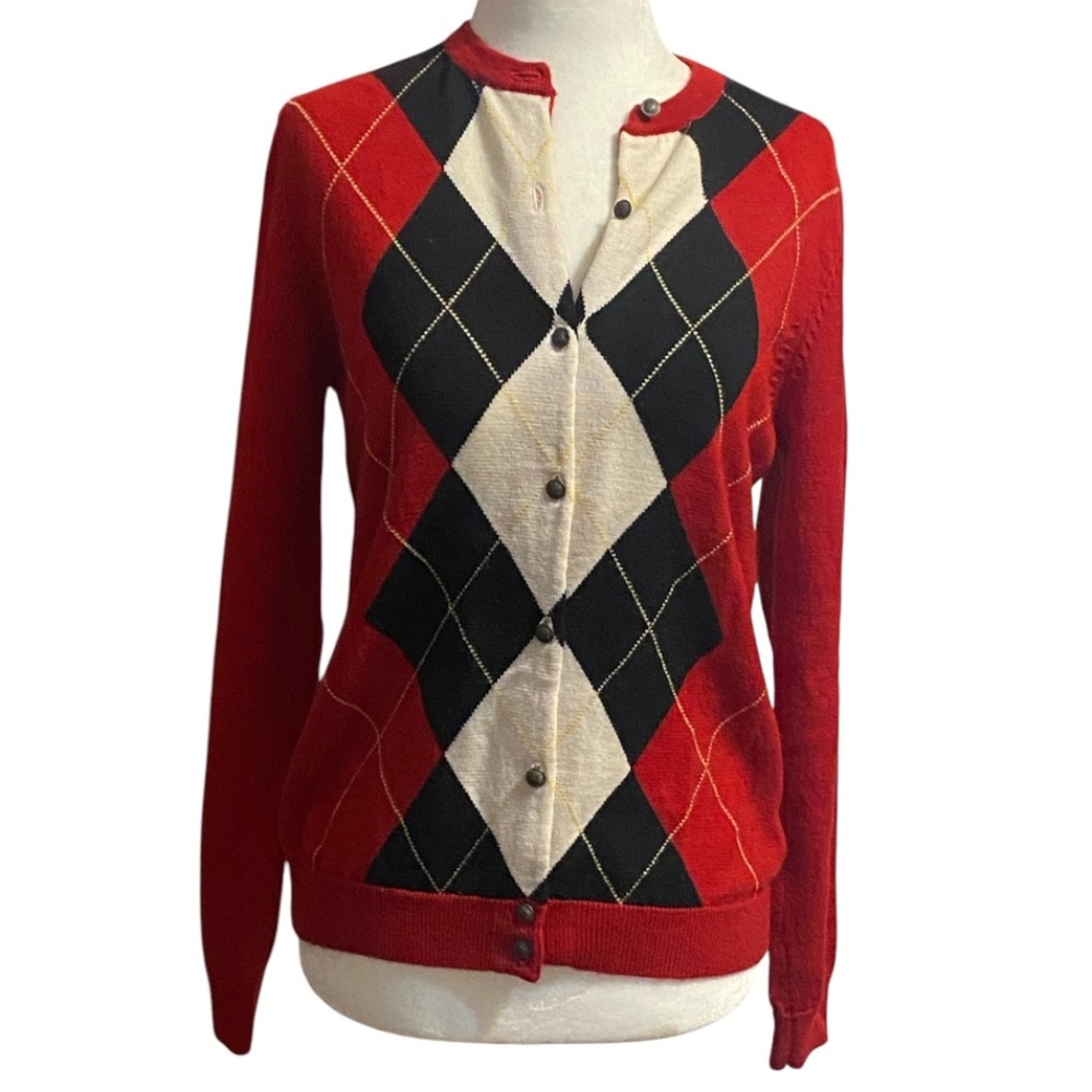 Vintage Merino Wool Retro Preppy Argyle coat of arms button up cardigan. Sz S